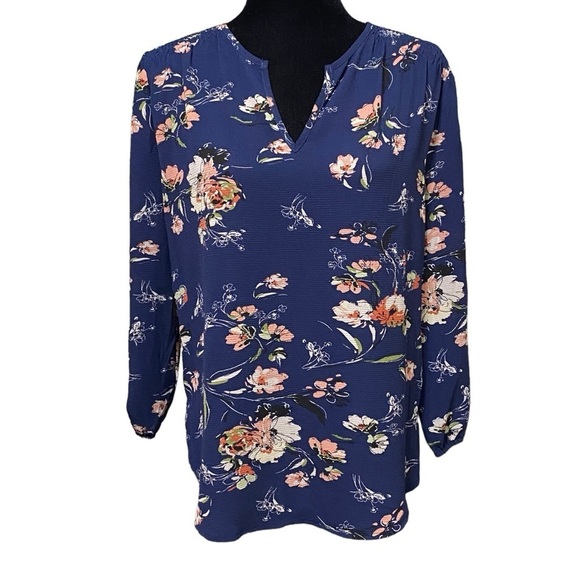 Fun2Fun Navy Floral Boho Split Neck Blouse NWOT Small - Picture 3 of 9